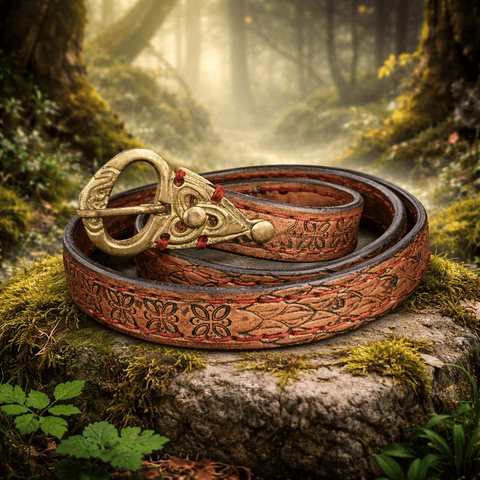 Ceinture celtique en cuir repoussé à la main – Couture artisanale au fil rouge steampunk médiéval fait main | Atelier AnJo