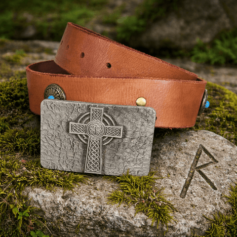 Ceinture cuir végétal 3 mm – Croix celtique – 4 cm steampunk médiéval fait main | Atelier AnJo