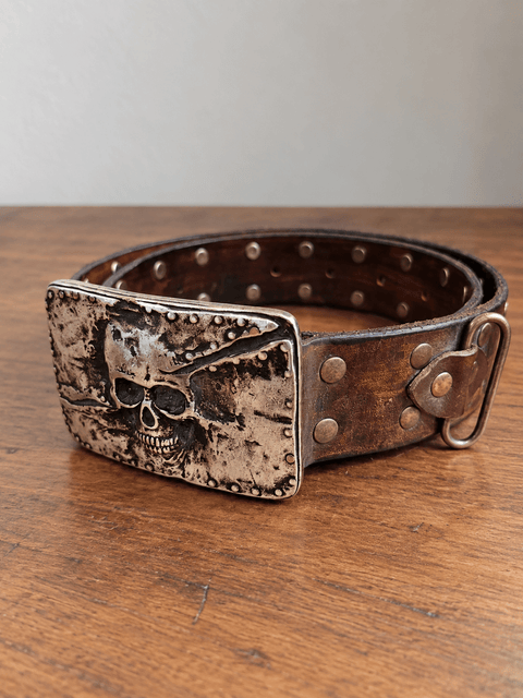 Ceinture en cuir marron à boucle tête de mort – 71 à 96 cm steampunk médiéval fait main | Atelier AnJo
