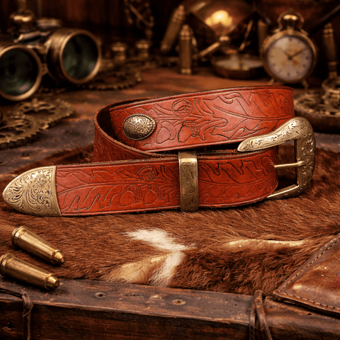 Ceinture en cuir steampunk western artisanale – Motifs repoussés & bouclerie laiton steampunk médiéval fait main | Atelier AnJo