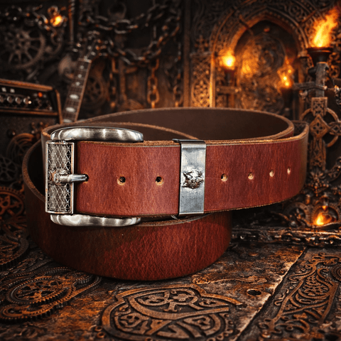 Ceinture en cuir végétal 4 mm – Cognac – Boucle inox interchangeable – Atelier AnJo steampunk médiéval fait main | Atelier AnJo