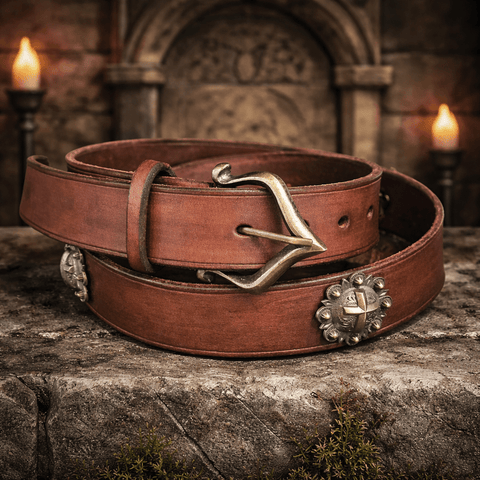 Ceinture médiévale en cuir avec boucle forgée et conchos en laiton steampunk médiéval fait main | Atelier AnJo