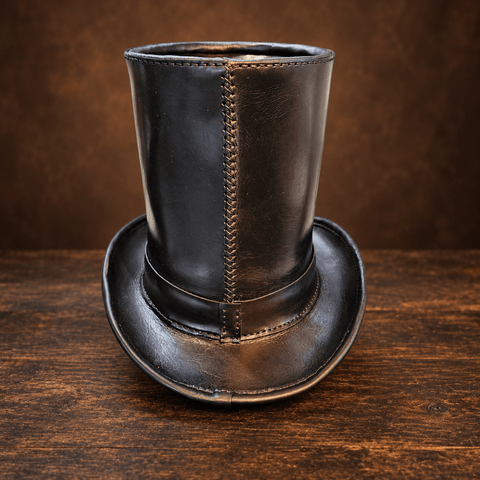 Chapeau haut-de-forme en cuir noir – Taille 61 – Hauteur 24,5 cm steampunk médiéval fait main | Atelier AnJo