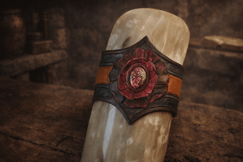 Corne à boire viking en cuir – Fleur avec pierre peau de léopard steampunk médiéval fait main | Atelier AnJo