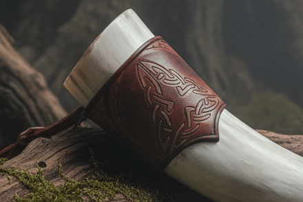 Corne à boire viking traditionnelle – Cuir repoussé style celtique steampunk médiéval fait main | Atelier AnJo