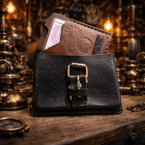 Ensemble porte - cartes cuir végétal avec pochette – Steampunk steampunk médiéval fait main | Atelier AnJo