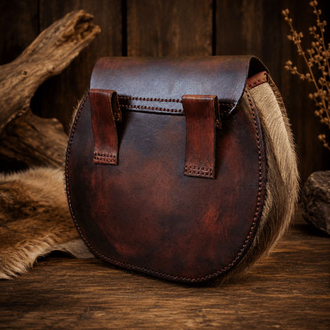 Escarcelle en cuir et fourrure – Œil de dragon – Fait main steampunk médiéval fait main | Atelier AnJo