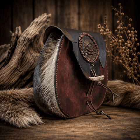 Escarcelle en cuir et fourrure – Œil de dragon – Fait main steampunk médiéval fait main | Atelier AnJo