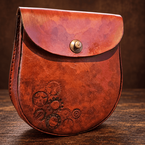 Escarcelle sporran en cuir repoussé à motif steampunk steampunk médiéval fait main | Atelier AnJo