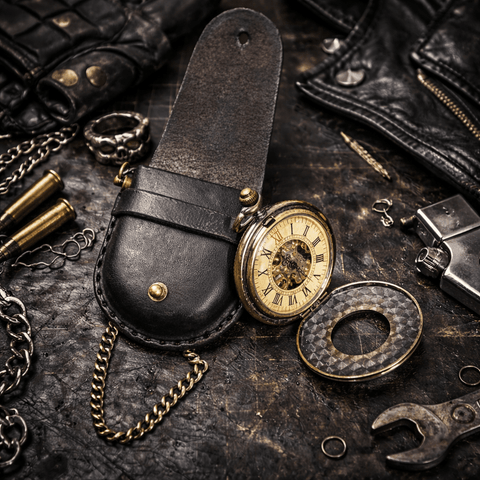 Étui à montre à gousset en cuir – Style steampunk motard rock steampunk médiéval fait main | Atelier AnJo