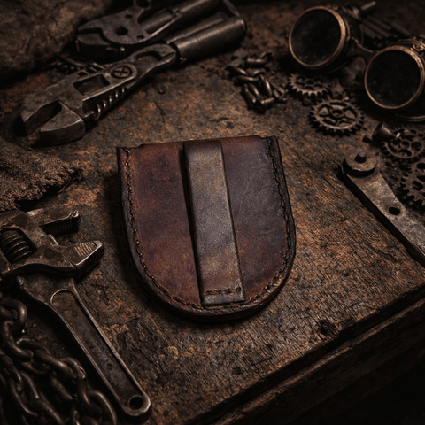 Étui de ceinture pour montre à gousset – cuir végétal bordeaux – style steampunk motard steampunk médiéval fait main | Atelier AnJo