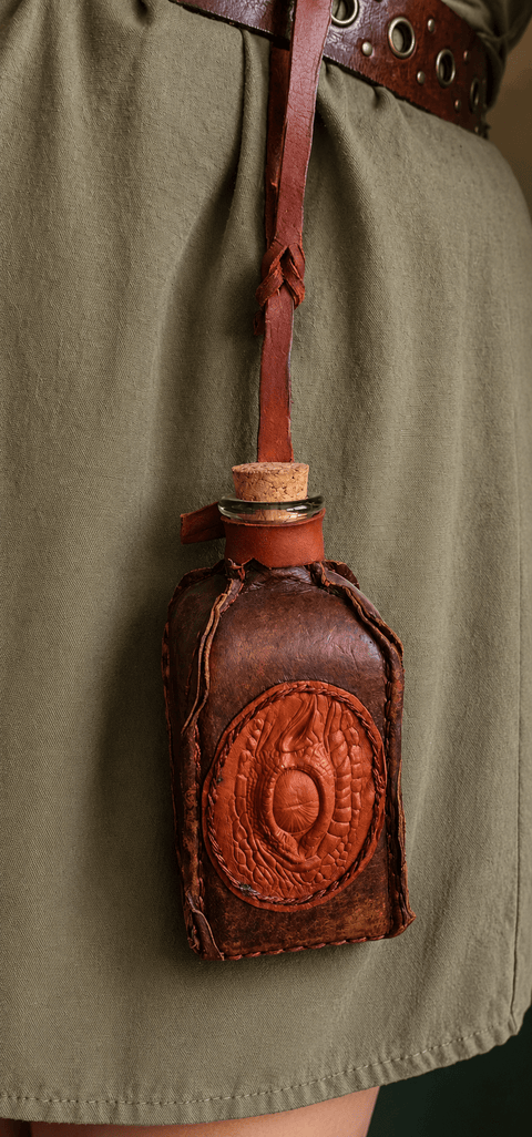 Fiole de ceinture en cuir avec œil de dragon – 25 cl – fabrication artisanale steampunk médiéval fait main | Atelier AnJo