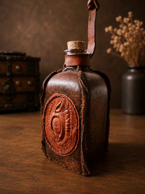 Fiole de ceinture en cuir avec œil de dragon – 25 cl – fabrication artisanale steampunk médiéval fait main | Atelier AnJo