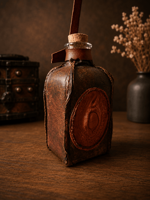 Fiole de ceinture en cuir avec œil de dragon – 25 cl – fabrication artisanale steampunk médiéval fait main | Atelier AnJo