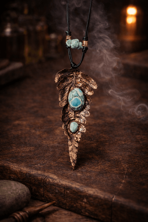 Fougère Ancestrale – Collier en cuivre, jaspe océan et turquoise steampunk médiéval fait main | Atelier AnJo