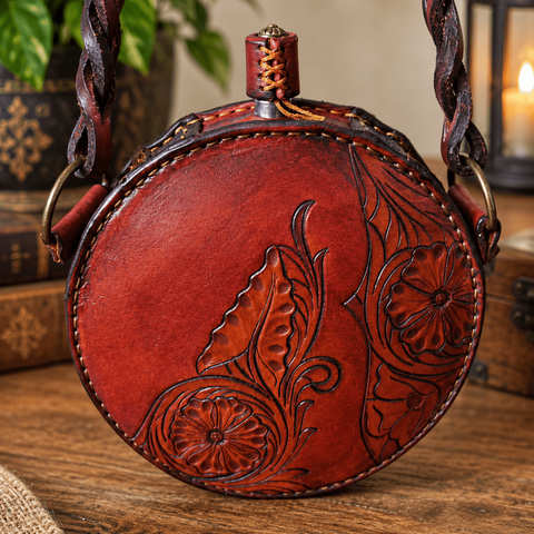 Gourde médiévale ronde habillée de cuir rouge à motifs floraux steampunk médiéval fait main | Atelier AnJo