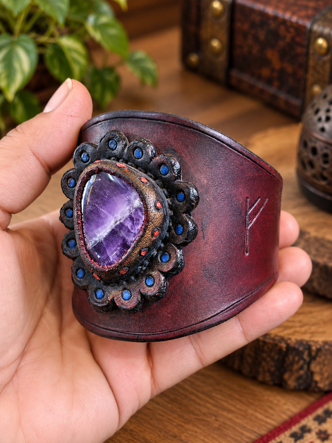 Manchette en cuir bordeaux – Le Talisman des Arcanes steampunk médiéval fait main | Atelier AnJo