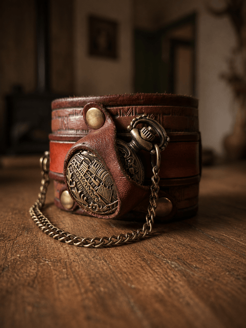 Montre de poignet en cuir artisanal – style steampunk – marron steampunk médiéval fait main | Atelier AnJo