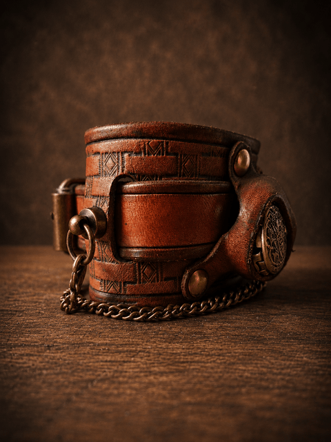Montre de poignet en cuir artisanal – style steampunk – marron steampunk médiéval fait main | Atelier AnJo