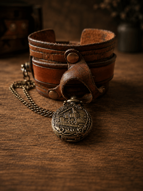 Montre de poignet en cuir artisanal – style steampunk – marron steampunk médiéval fait main | Atelier AnJo