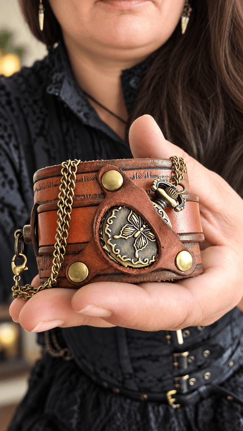 Montre de poignet en cuir artisanal – style steampunk – marron steampunk médiéval fait main | Atelier AnJo
