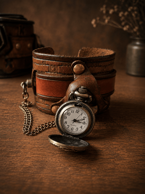 Montre de poignet en cuir artisanal – style steampunk – marron steampunk médiéval fait main | Atelier AnJo