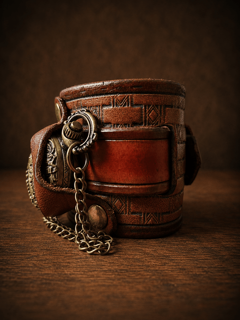 Montre de poignet en cuir artisanal – style steampunk – marron steampunk médiéval fait main | Atelier AnJo
