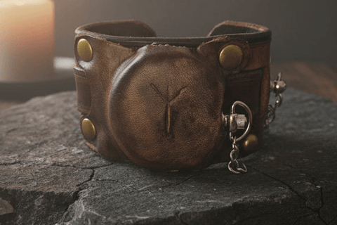 Montre semi - automatique en cuir – Modèle "Algiz" | Steampunk & runes protectrices steampunk médiéval fait main | Atelier AnJo