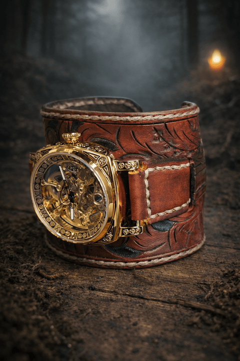 Montre squelette semi - automatique – Bracelet cuir tannage végétal repoussé – Steampunk western – 17 à 22,5 cm. Modèle uniques steampunk médiéval fait main | Atelier AnJo