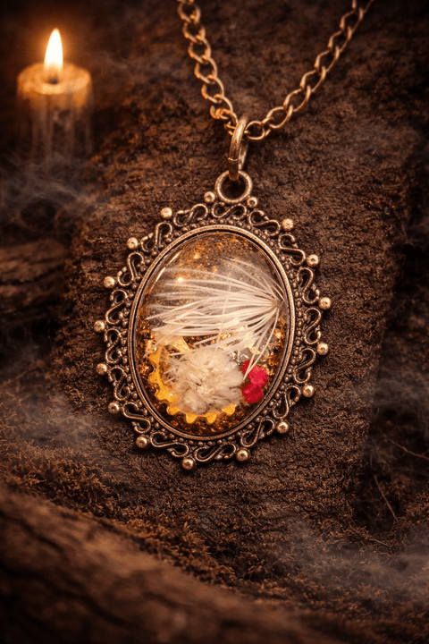 Pendentif botanique en résine – Fleur et filaments végétaux steampunk médiéval fait main | Atelier AnJo