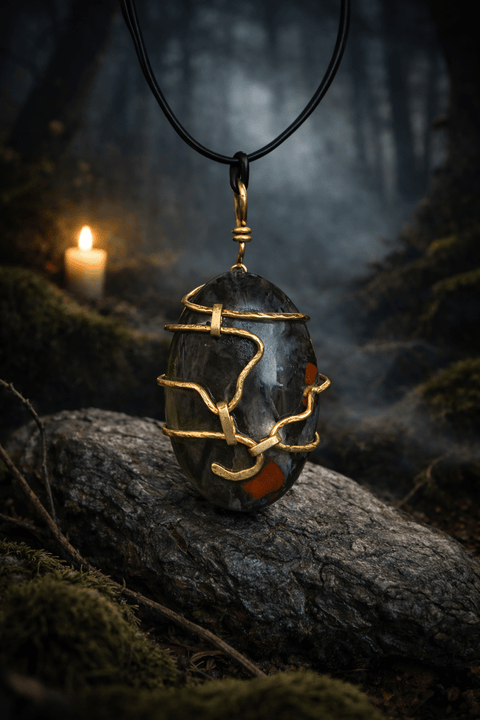 Pendentif chamanique en agate Sang de Dragon et laiton forgé – Protection mystique steampunk médiéval fait main | Atelier AnJo