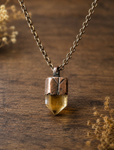 Pendentif Citrine & Quartz Fumé – Rune Algiz – Bijou Ésotérique steampunk médiéval fait main | Atelier AnJo