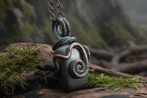 Pendentif en hématite naturelle – Montage cuivre patiné fait main steampunk médiéval fait main | Atelier AnJo