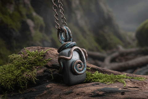 Pendentif en hématite naturelle – Montage cuivre patiné fait main steampunk médiéval fait main | Atelier AnJo