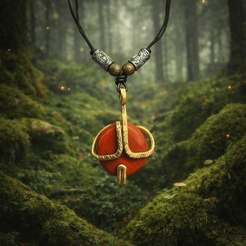 Pendentif en jaspe et laiton avec perles runiques de protection steampunk médiéval fait main | Atelier AnJo