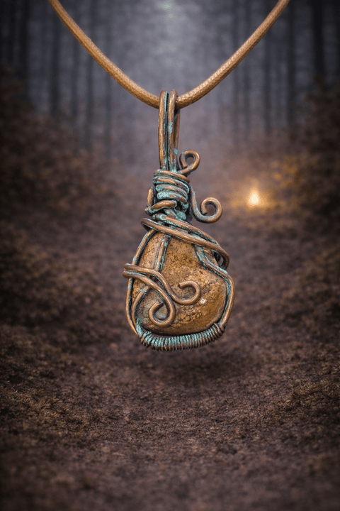 Pendentif en jaspe – wire wrapping cuivre patiné steampunk médiéval fait main | Atelier AnJo