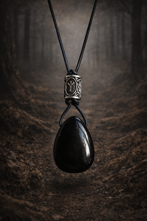 Pendentif en onyx noir naturel – bijou artisanal en acier inoxydable, Tir na Telennaria steampunk médiéval fait main | Atelier AnJo