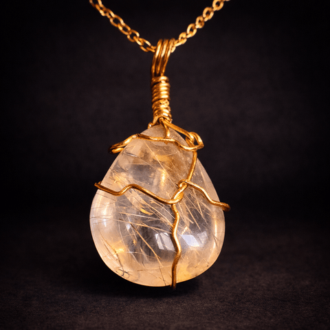 Pendentif en quartz rutilé jaune – création artisanale steampunk médiéval fait main | Atelier AnJo