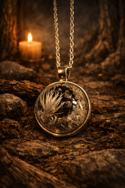 Pendentif en résine – Jardin mécanique steampunk médiéval fait main | Atelier AnJo