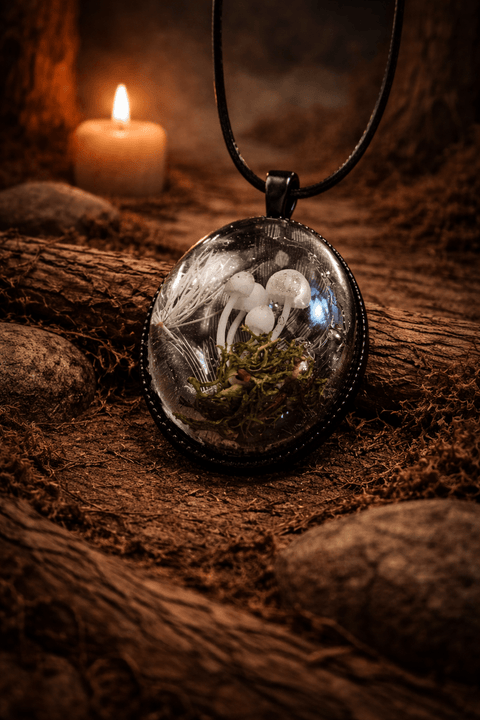 Pendentif en résine – Micro - forêt aux champignons et plume steampunk médiéval fait main | Atelier AnJo