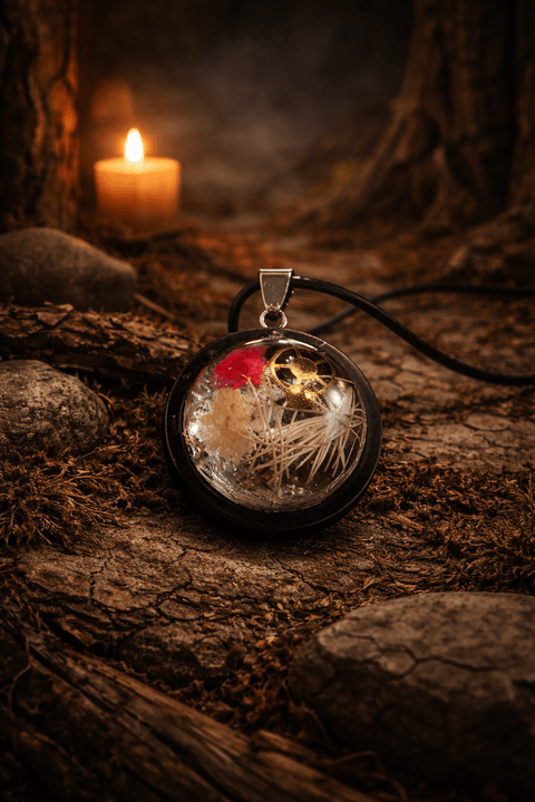 Pendentif en résine – Reliquaire végétal et mécanique steampunk médiéval fait main | Atelier AnJo