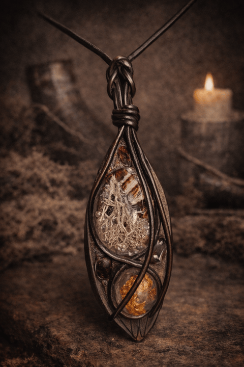 Pendentif ésotérique artisanal en cuir et résine – Cabinet de curiosités | Atelier AnJo steampunk médiéval fait main | Atelier AnJo