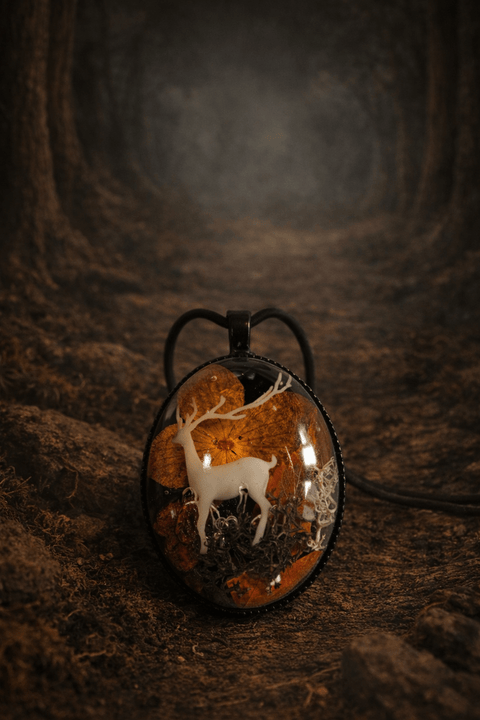 Pendentif forestier en résine – Cerf miniature, fleurs et mousse naturelle steampunk médiéval fait main | Atelier AnJo