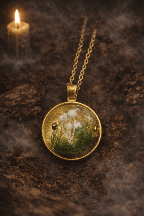 Pendentif forestier en résine – Champignons blancs et herbes sauvages steampunk médiéval fait main | Atelier AnJo