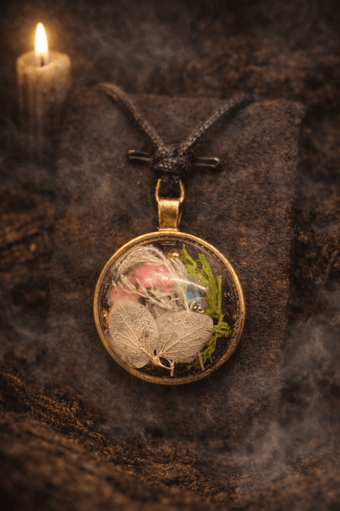 Pendentif forestier en résine – Feuilles délicates et éléments végétaux steampunk médiéval fait main | Atelier AnJo