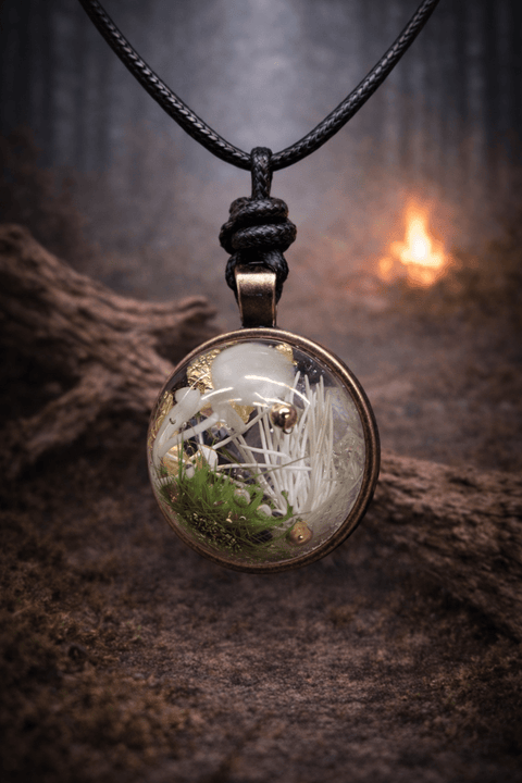 Pendentif forêt miniature – champignons blancs et végétaux steampunk médiéval fait main | Atelier AnJo
