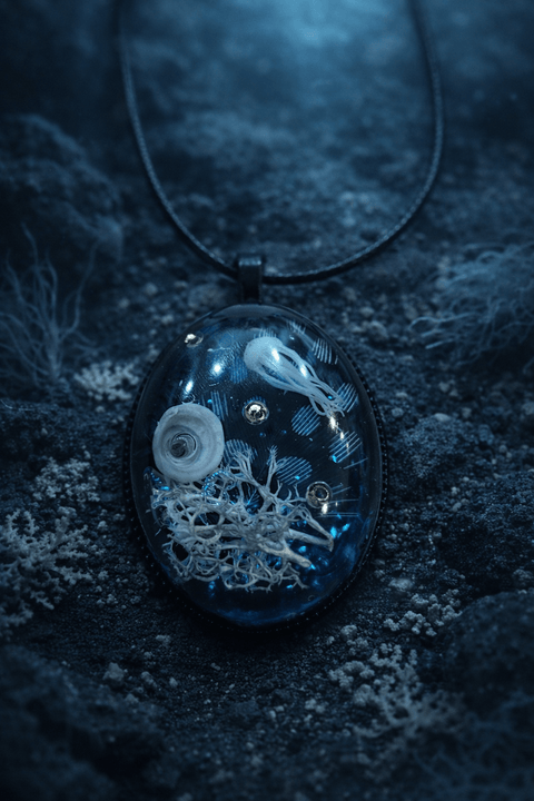 Pendentif Micro - Monde Abyssal – Océan Profond & Coquillage Fossile | Bijou Artisanal steampunk médiéval fait main | Atelier AnJo