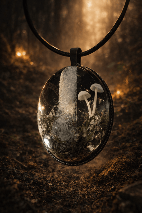 Pendentif mini - monde forêt en résine avec cristal de roche steampunk médiéval fait main | Atelier AnJo