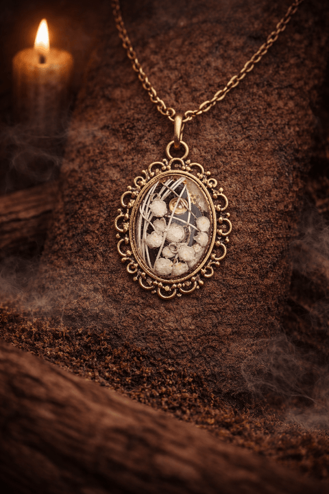 Pendentif ovale en résine – Fleurs blanches séchées, style cabinet de curiosités steampunk médiéval fait main | Atelier AnJo