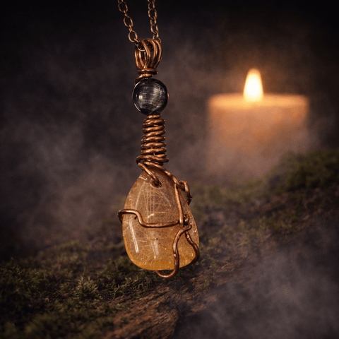 Pendentif quartz rutilé jaune & œil de faucon – création artisanale steampunk médiéval fait main | Atelier AnJo